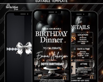 Elegant Modern Birthday Dinner Invitation Video, Formal Dinner Party Birthday Invite, Black and Silver Animated Editable Evite