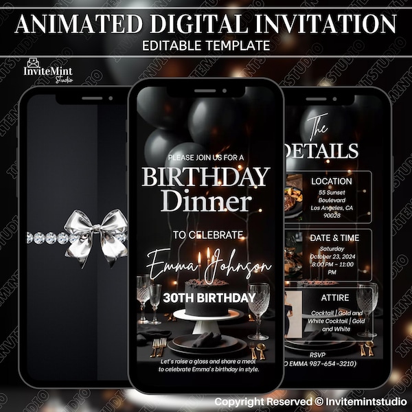 Elegant Modern Birthday Dinner Invitation Video, Formal Dinner Party Birthday Invite, Black and Silver Animated Editable Evite