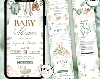Digitale Einladung zur Babyparty, Antwortformular mit grünem Aquarellblumenmuster, bearbeitbare Canva-Vorlage, Online-Einladung mit anklickbarer und nachverfolgbarer Antwortmöglichkeit