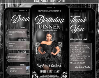Animated Black Luxury Birthday Dinner Invitation, Elegant Digital Party Video Invite, Editable Glam Birthday Celebration Template