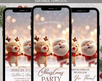 Animated Santa and Reindeer Christmas Party Invite, Editable Digital Video Invitation, Holiday Celebration Template, Canva Design