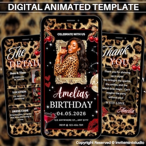 Può includere: Modello di invito di compleanno animato digitale su tre smartphone. Il design presenta uno sfondo con stampa leopardata, con testo e grafica in rosso e oro. L'invito include il nome "Amelia", la data, l'ora, il luogo e le informazioni RSVP.