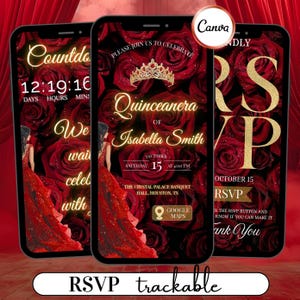 May include: Three smartphones displaying a Quinceañera invitation. The design features a red rose background, gold text, and a countdown timer. The invitation includes the name Isabella Smith, date, time, and location.