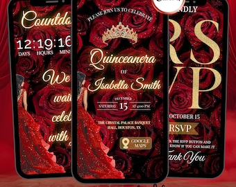 Quinceanera Digitale Einladung Antwortkarten | Bearbeitbare Canva Vorlage mit Antwort-Formular & Countdown | Floral rotes Thema Sweet 16 15 Geburtstag einladen