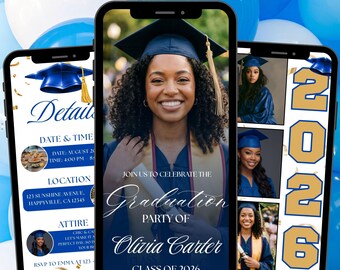 Blue Graduation Invitation 2026, Class of 2026 Digital Photo Party Invite Template, Graduation Ceremony Event Announcement, Canva Editable