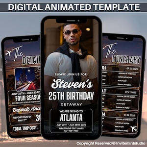 Itinerario de viaje de cumpleaños para hombres, invitación de fin de semana para chicos en Atlanta, planificador de vacaciones de cumpleaños, plantilla de Canva para escapada de chicos, descarga digital.