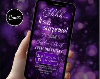 Shhh It’s a Surprise Birthday Invitation, Purple Theme Video Invite, Animated Party Template, Digital Download, Canva Design