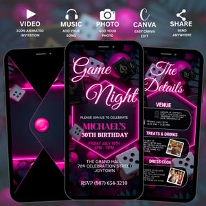 May include: A digital invitation for a game night themed 30th birthday party. The design features a neon pink and black color scheme with dice, playing cards, and event details displayed on a smartphone screen.