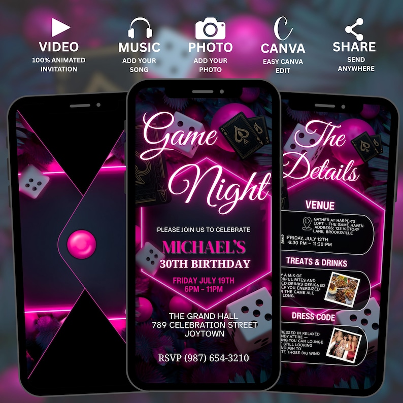 May include: A digital invitation for a game night themed 30th birthday party. The design features a neon pink and black color scheme with dice, playing cards, and event details displayed on a smartphone screen.