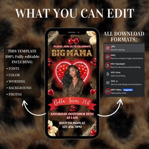Puede incluir: Plantilla de invitaci&oacute;n digital en la pantalla de un smartphone. El dise&ntilde;o presenta un fondo con estampado de leopardo, un coraz&oacute;n lleno de cerezas rojas y el texto "Big Mama" y "Bella Turns 21st". Incluye fuentes, color, texto, fondo y fotos editables.