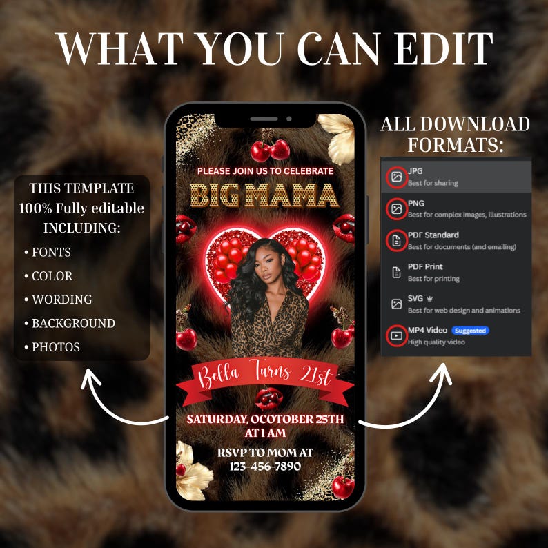 Puede incluir: Plantilla de invitaci&oacute;n digital en la pantalla de un smartphone. El dise&ntilde;o presenta un fondo con estampado de leopardo, un coraz&oacute;n lleno de cerezas rojas y el texto "Big Mama" y "Bella Turns 21st". Incluye fuentes, color, texto, fondo y fotos editables.