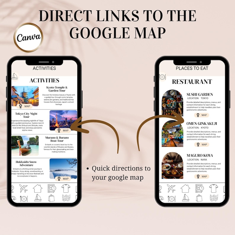 Puede incluir: Gr&aacute;fico digital que promociona viajes con el texto "ENLACES DIRECTOS A GOOGLE MAP" y "Instrucciones r&aacute;pidas a tu Google Map". Dos tel&eacute;fonos inteligentes muestran actividades de viaje e informaci&oacute;n de restaurantes.