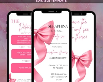 Animated Pink Bow Birthday Invitation, Digital Pink Ribbon Girl Birthday Party, Pink Coquette Bow Editable Birthday Invite, Digital Download