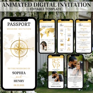 May include: Animated digital wedding invitation template on smartphones. The design has a passport theme with gold accents, compass rose, and the names Sophia and Henry. Includes RSVP, itinerary, and thank you screens.