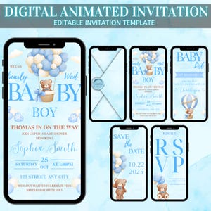 May include: Digital animated baby shower invitation template. The design features a teddy bear in a hot air balloon with blue and white balloons. The invitation includes the text "Baby Boy" and event details.