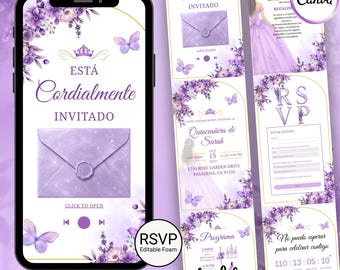 Quinceañera Digital Invitation with RSVP Tracker, Purple 15th Birthday Website, Editable Canva Sweet 15 Template, Spanish Online Invite