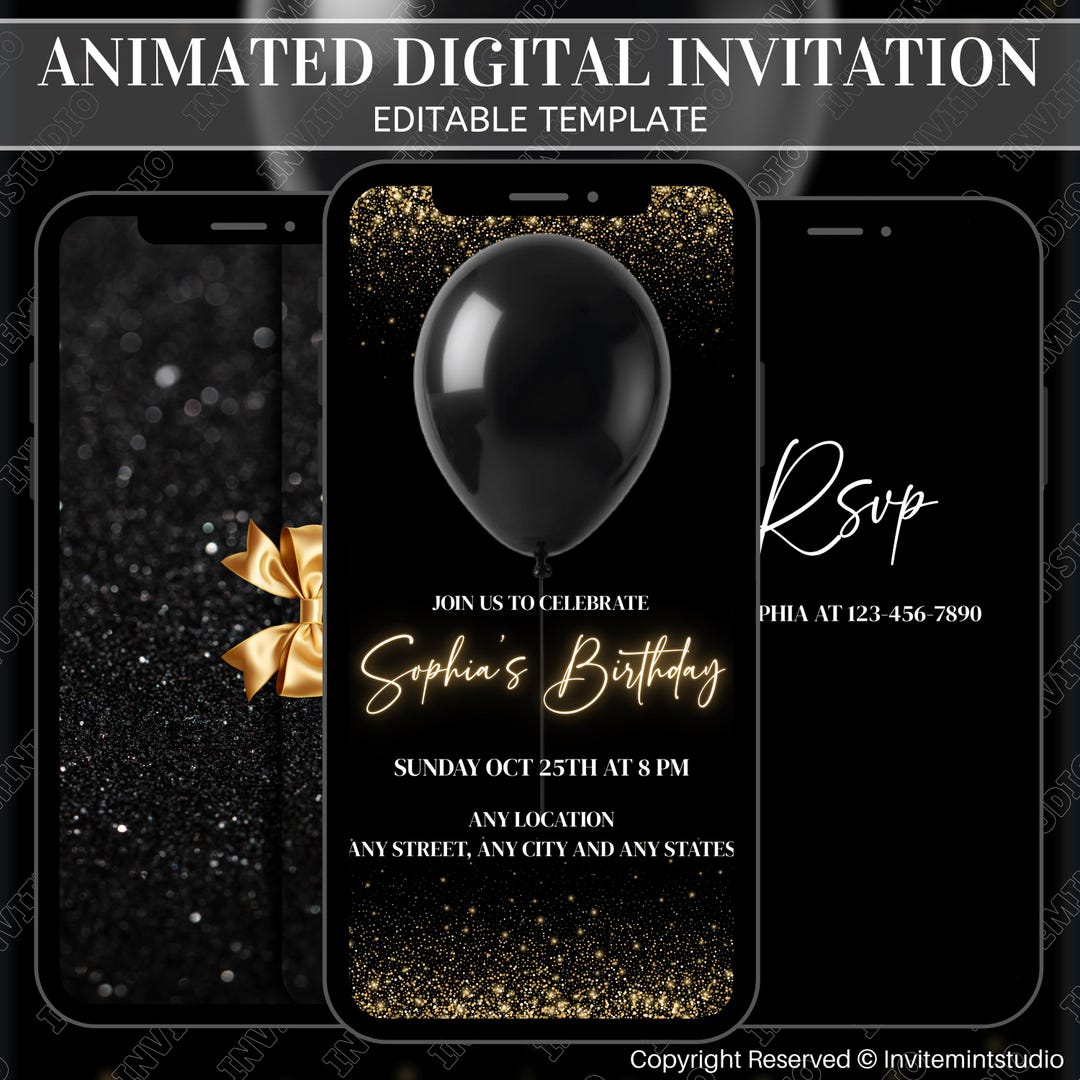 Elegant Animated Black and Gold Birthday Invitation, Editable Digital ...