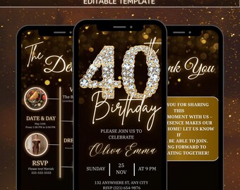 Digital 40th Birthday Party Invitation, Canva Template, Digital Envelope Animated Invite, Diamond Brunch Evite, Party Birthday