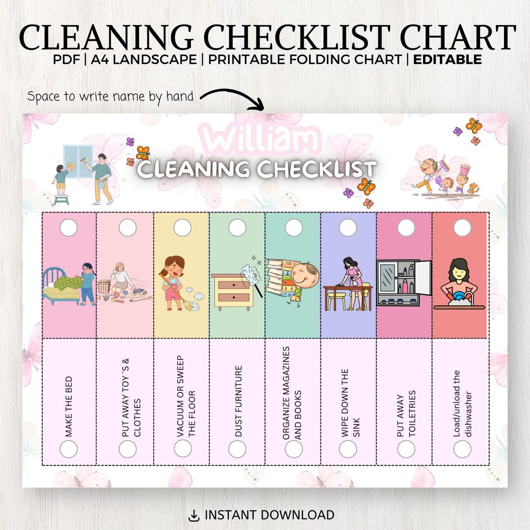Cleanliness Chart Activity Editable Cleaning Checklist Chart, Kids Routine Chart, Printable ...