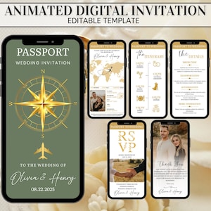 Puede incluir: Una plantilla de invitación de boda digital animada que se muestra en teléfonos inteligentes. El diseño presenta una brújula, un avión y texto, incluyendo "Passport Wedding Invitation" y los nombres "Olivia & Henry". Pantallas adicionales muestran detalles de la boda.