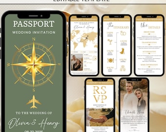Plantilla de video para invitación de boda con pasaporte, tarjeta de embarque de destino, invitación electrónica de confirmación de asistencia a la boda, diseño de Canva, descarga digital