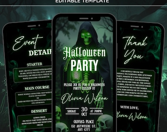 Skeleton Halloween Party Video Invitation, Digital Template, Halloween Video, Animated Green Theme Evite, Editable Design, PDF Download