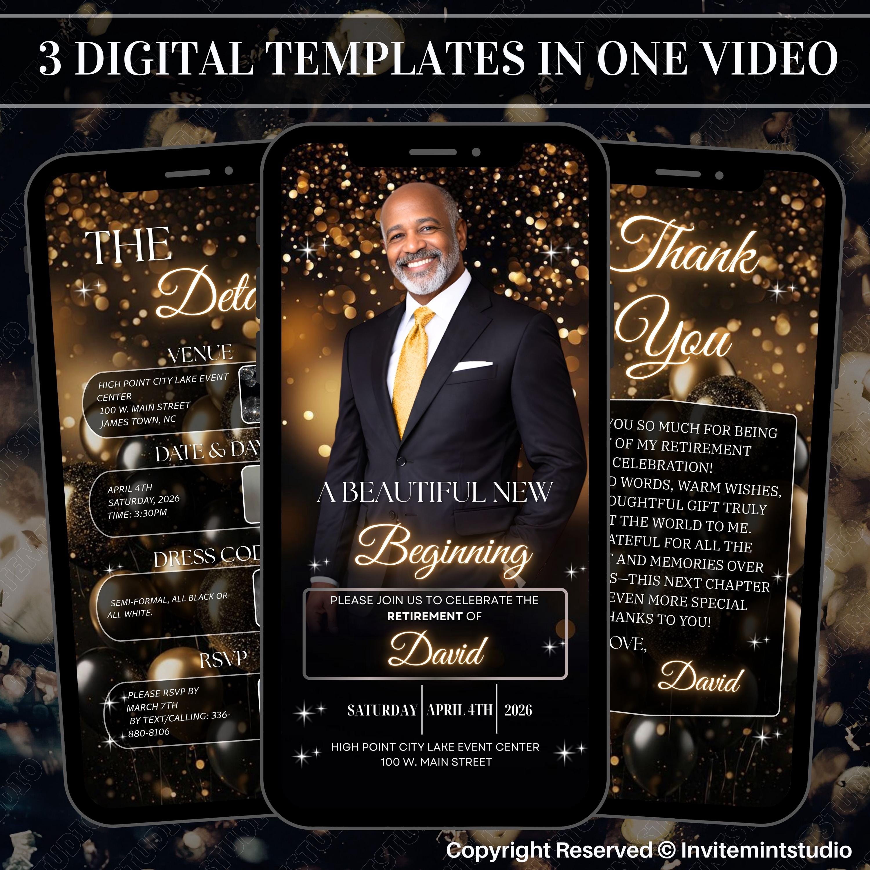 Retirement Send Off Animated Digital Retirement Party Invitation for Him, Black & Gold ...