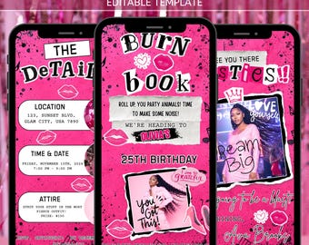 Animierte Mean Girl Geburtstags-Videoeinladung, bearbeitbare Pink Chic Glam Invite, Canva-Vorlage für anpassbare Feier, PDF-Download