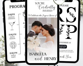 May include: Three smartphones displaying wedding-themed graphics. The center phone shows a couple and the text "You're Cordially Invited". The left phone has a wedding schedule. The right phone says "RSVP". The bottom banner reads "RSVP trackable".