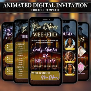 May include: Animated digital invitation template displayed on five smartphones. The invitation features a New Orleans weekend theme with event details, including the names Emily Charles, and the date January 20-24, 2025. Additional details are included.