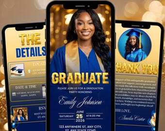 Blue Gold Graduation Party Invitation, Animated Digital Grad Invite for Class of 2026, Editable Senior Celebration Canva Template