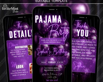 Invitación animada para fiesta de cumpleaños en pijama morado, invitación digital editable para celebración de pijamada de niñas, plantilla para fiesta de pijamas divertida