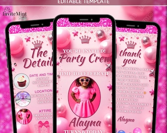 Animierte Glam Doll Einladung, bearbeitbare DIY Vorlage, Pink Glitter Fashion Doll Geburtstag Videoeinladung für Mädchen, sofortiger PDF-Download