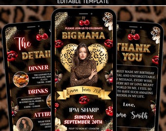 Invito di compleanno modificabile con motivo leopardato ciliegia, modello per festa Big Mama, design con stampa di ghepardo rosso e nero, file digitale Canva, download PDF