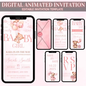 May include: Digital animated invitation template for a baby shower. The design features a pink and white color scheme with teddy bears and balloons. The invitation includes the text "Baby Girl" and event details.