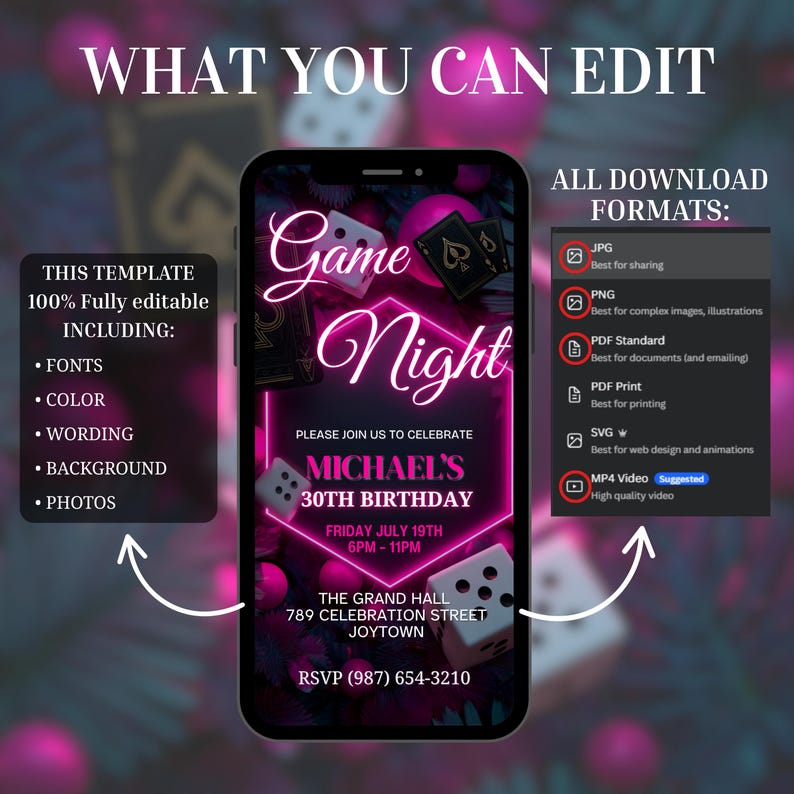 May include: A digital invitation template for a game night birthday party. The design features a smartphone displaying the event details: "Game Night" in neon pink, date, time, and location. Includes editable fonts, color, wording, background, and photos.