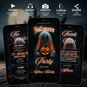 May include: Three smartphones display a Halloween party invitation. The central phone shows a ghost holding a jack-o'-lantern. Text includes "Halloween Party" and "Wilson Family." Other screens show details, including date, time, and RSVP information.