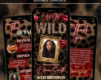 Lets Get Wild verjaardagsuitnodiging, geanimeerde uitnodiging, bewerkbare sjabloon, Cheetah Print Lets Get, Girls Night Invite, feestuitnodiging Leopard