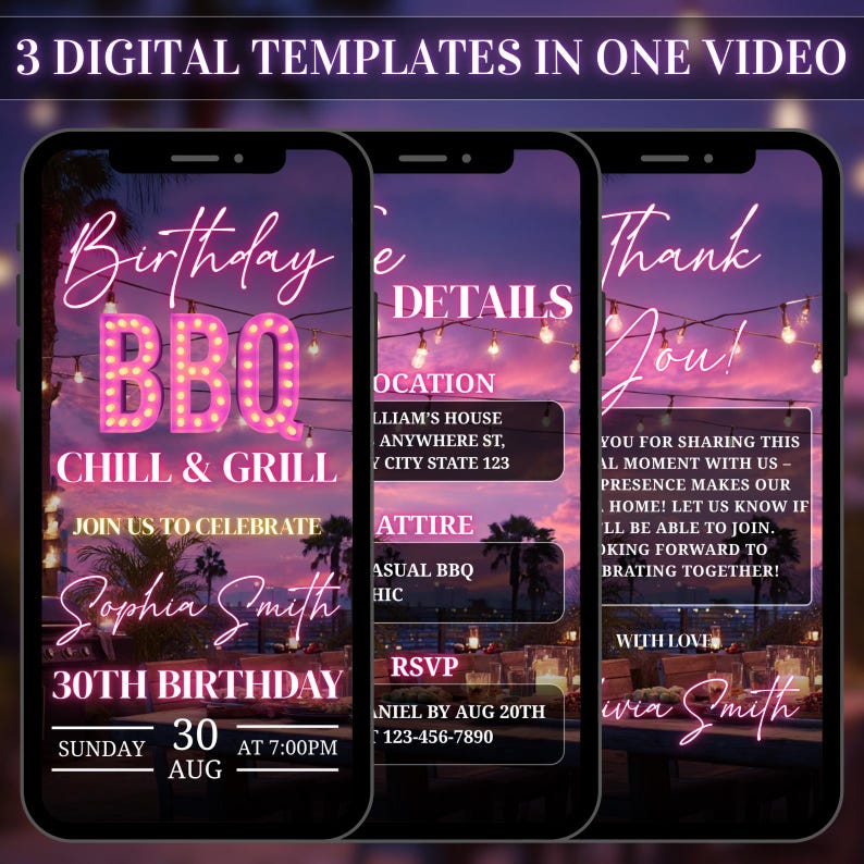 May include: Three digital templates for a birthday BBQ invitation on smartphones. The first screen says "Birthday BBQ Chill & Grill" with details. The second screen shows event details. The third screen says "Thank You!" with a message.