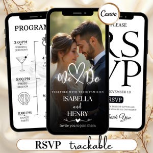 May include: Three smartphones displaying wedding-related information. The center phone shows a couple with the text "We Do" and the names Isabella and Henry. The other phones display the wedding program and RSVP details.