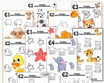 Mini Spar Challenge, Geld Spar Challenge, Niedliches Tier Sparen, Kinder Spar Challenge zum Ausdrucken,  Haustier Sparen, PDF Download