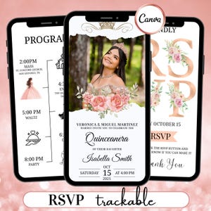May include: Three smartphones displaying a Quincea&ntilde;era invitation and event details. The central phone features a photo of a young woman with floral accents. The invitation includes the names Veronica & Miguel Martinez, Isabella Smith, and the date October 15, 2025.