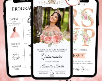 Quinceanera Digital Invitation RSVP | Editable Canva Template with RSVP Form & Countdown | Floral Theme Sweet 16 15  Birthday Online Invite