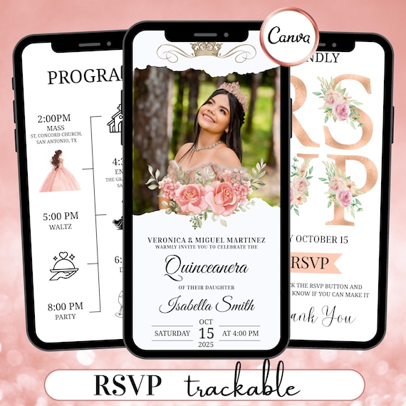 Quinceanera Digital Invitation RSVP | Editable Canva Template with RSVP Form & Countdown | Floral Theme Sweet 16 15  Birthday Online Invite