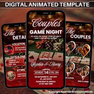 May include: Digital animated template for a couples game night. The design features three smartphones displaying the event details, including date, time, location, and RSVP information. The theme includes poker chips, playing cards, and heart-shaped couple photos.