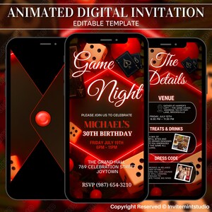 以下が含まれることがあります： ゲームナイトのデジタル招待状。黒いスマートフォンのデザインで、赤と白のテキストを使用。サイコロ、トランプ、赤い背景が特徴です。マイケルの30歳の誕生日パーティーの詳細が含まれています。