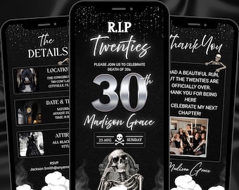 Einladung zur RIP My 20s Geburtstagsparty, animierte digitale Einladung zum 30. Geburtstag, Skelett-Einladung in Schwarz und Silber, bearbeitbare Canva-Vorlage für Mobilgeräte
