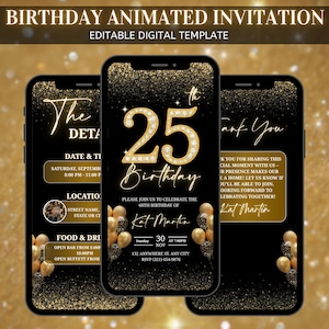 Digital 25th Birthday Party Video Invitation, Canva Editable, Animated Black Gold Diamond Evite, Birthday Party Invite, Woman Birthday party