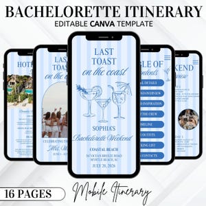 Bachelorette Itinerary Template, Coastal Travel Planner for Girls Trip, Last Toast Digital Invitation, Hens Party Digital Download