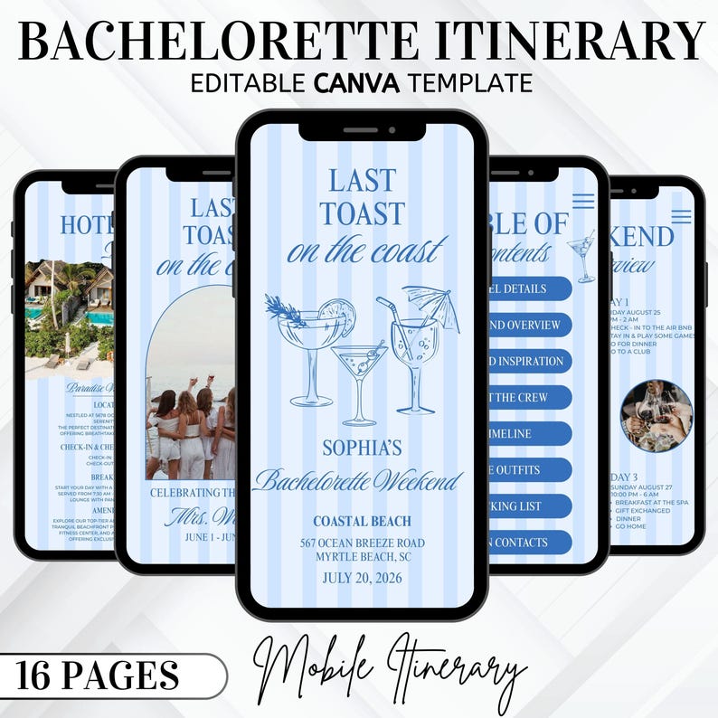 Bachelorette Itinerary Template, Coastal Travel Planner for Girls Trip, Last Toast Digital Invitation, Hens Party Digital Download image 1